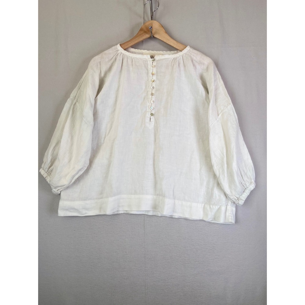 Sugar Candy Mountain White Linen Balloon Sleeve Henley Blouse Top Womens Medium